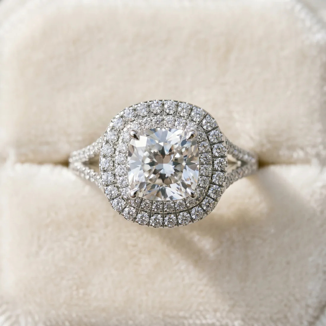 5% Off White Gold Cushion Cut Diamond Double Halo Engagement Ring