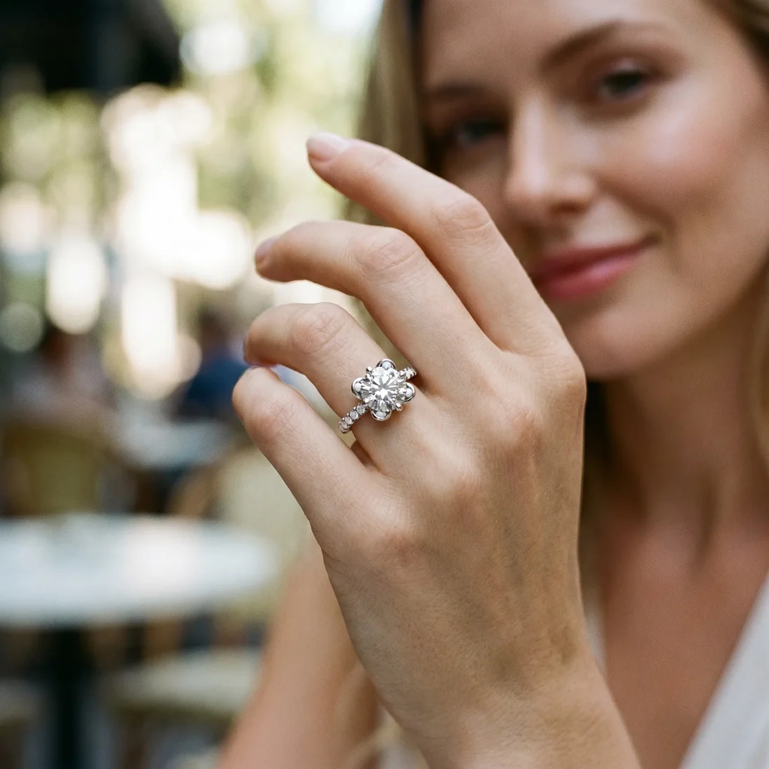 White Gold Round Diamond Ring with Pavé Band – Shop Now & Shine!