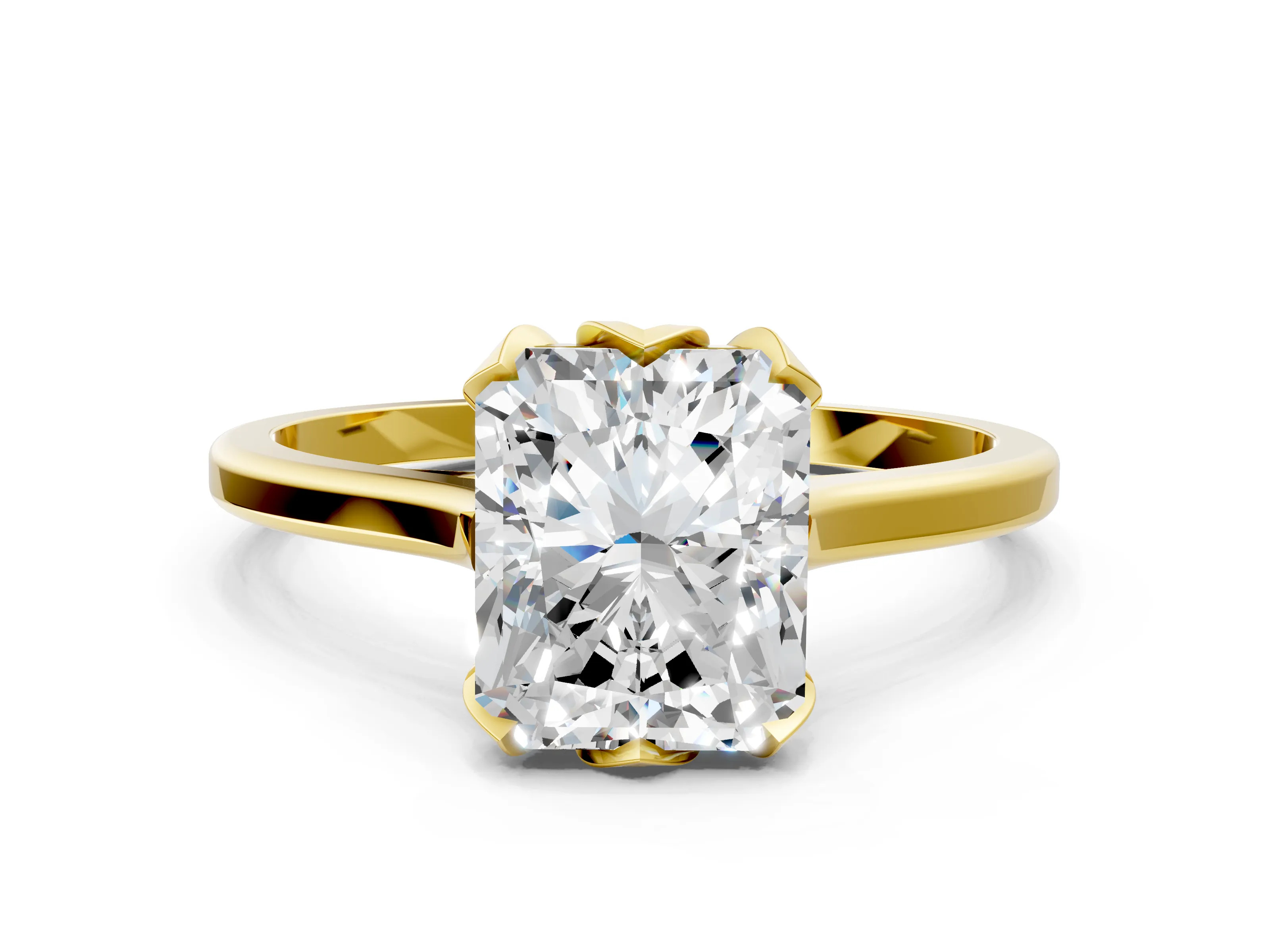 Radiant Cut Diamond Solitaire Ring in Yellow Gold – Elegant Flower Prong Setting