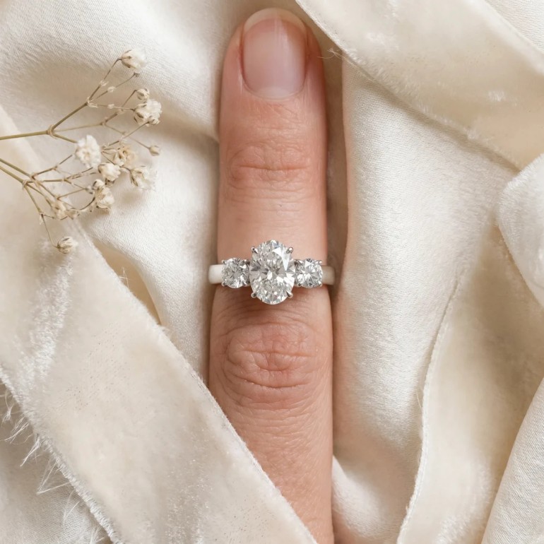 Shop White Gold Oval Diamond Ring – Elegant Three Stone Design